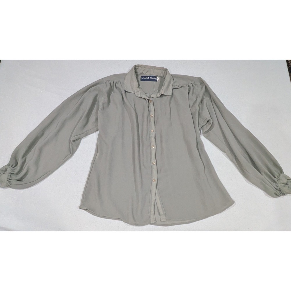 Paula Saker Blouse Womens M Sage Green Vintage Balloon Sleeve Button Up Top